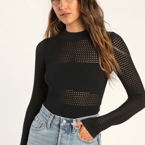 Lulus New Days Black Open Knit Mock Neck Sweater Top - Size XS